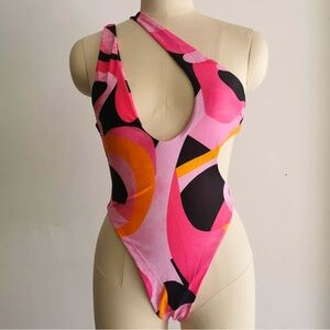 One Shoulder Print One Piece Swimwear